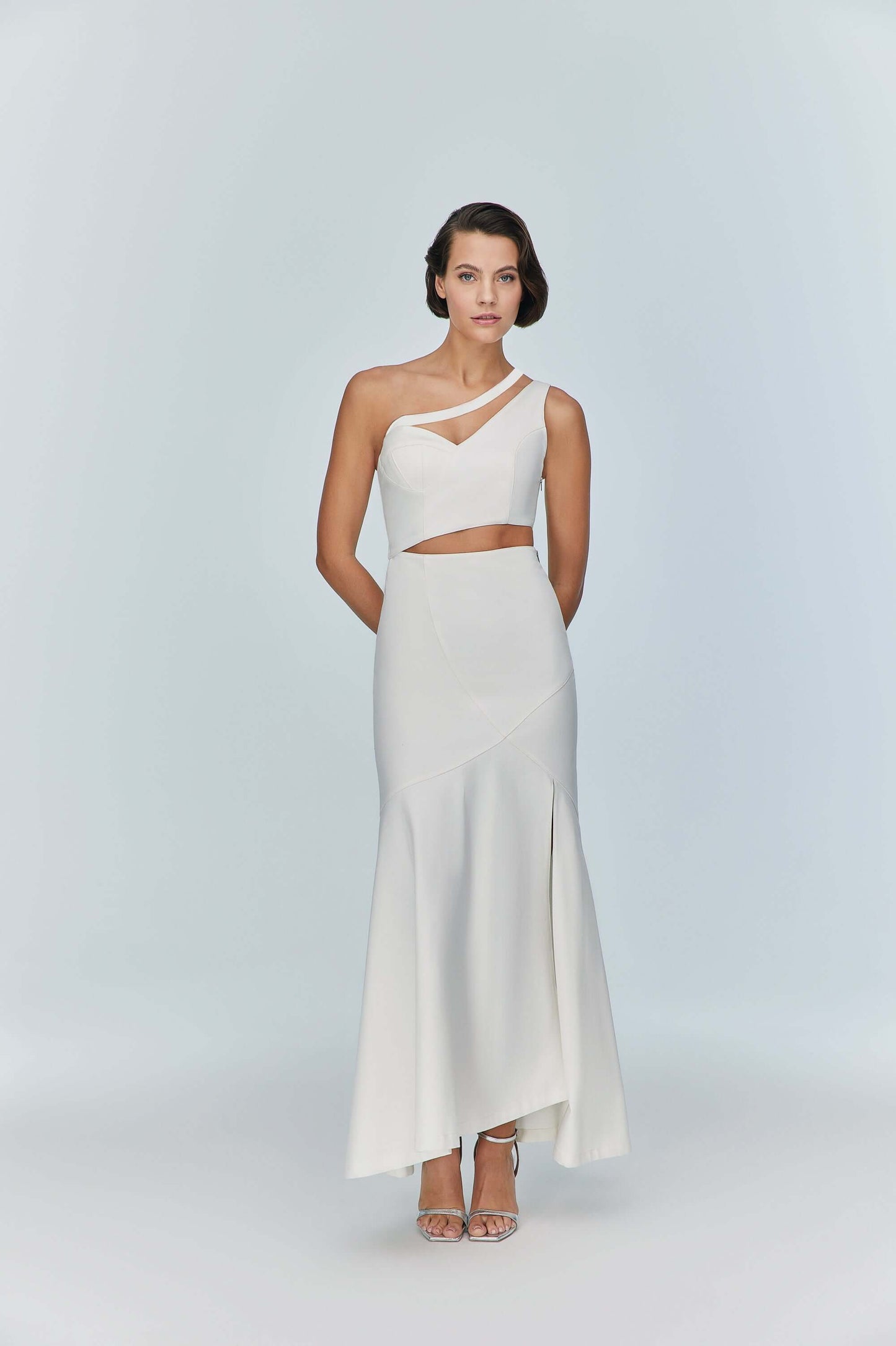 JENDUE Ron Asymmetric White Denim Maxi Dress - Elegant-0