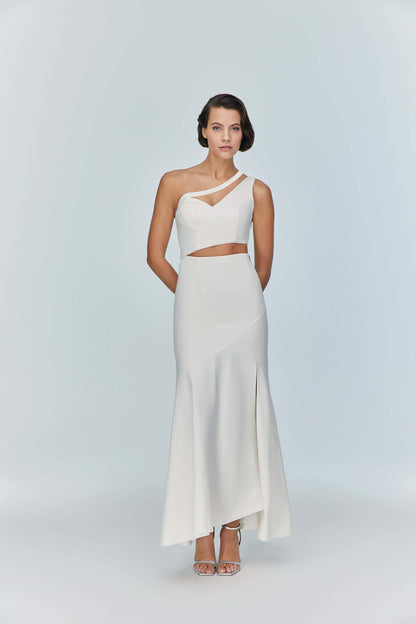 JENDUE Ron Asymmetric White Denim Maxi Dress - Elegant-0