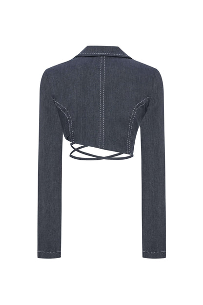 JENDUE Serendipity Denim Jacket - Cropped Lace-Up Style-2