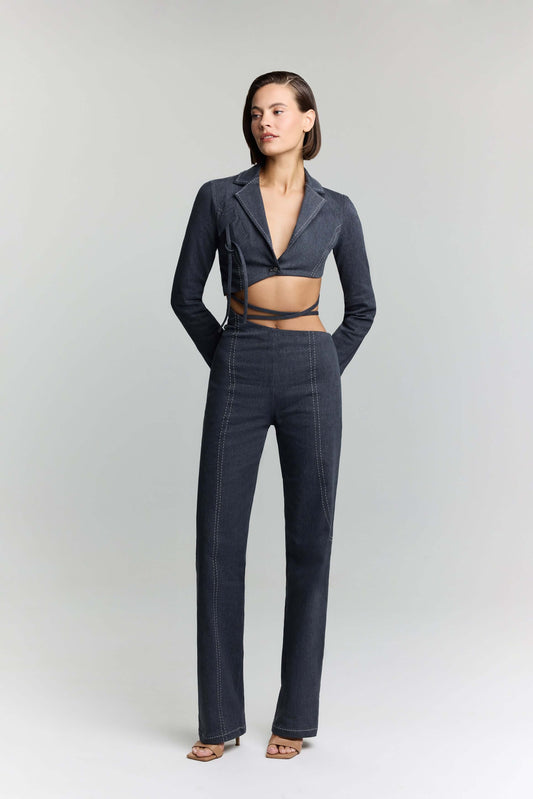 JENDUE Serendipity Denim Jacket - Cropped Lace-Up Style-0