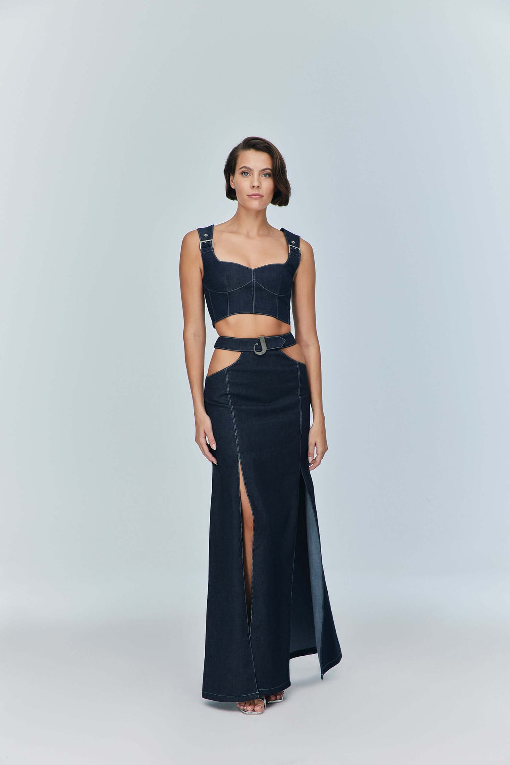 JENDUE Siena Maxi Denim Skirt - High-Waisted A-Line Blue-3