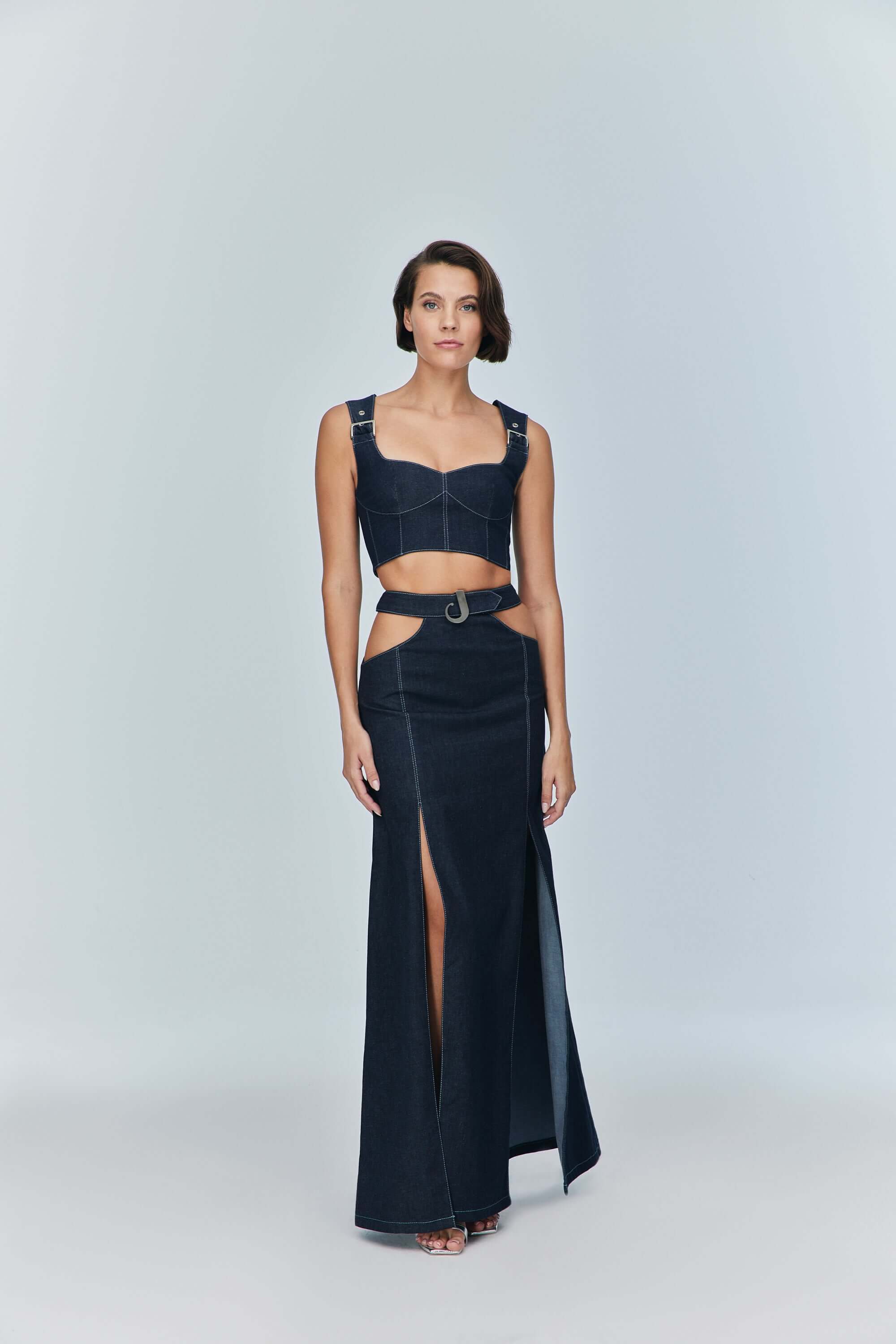 JENDUE Siena Maxi Denim Skirt - High-Waisted A-Line Blue-3