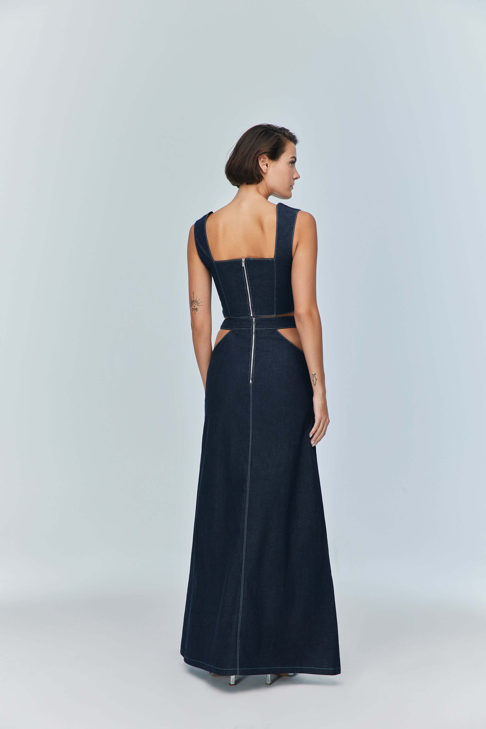 JENDUE Siena Maxi Denim Skirt - High-Waisted A-Line Blue-2