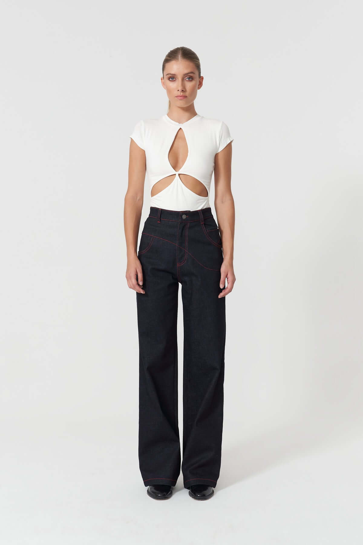 JENDUE Stella Denim T-Shirt - White Cut-Out Top-0