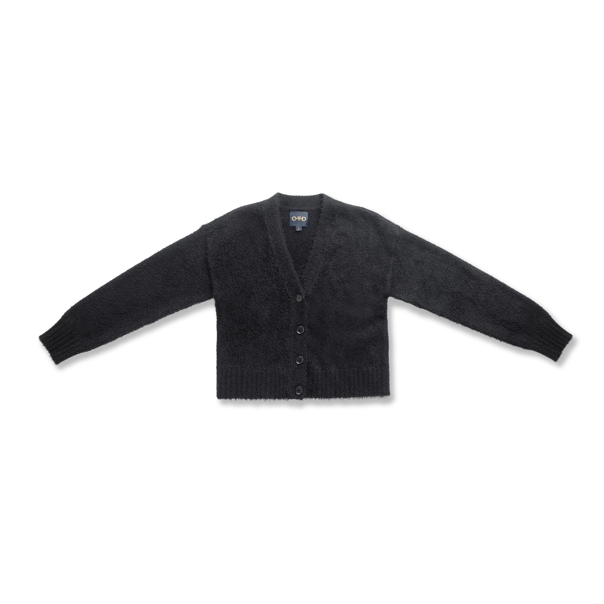 Brushed Teddy Cropped Cardigan Sweater (Black)-0