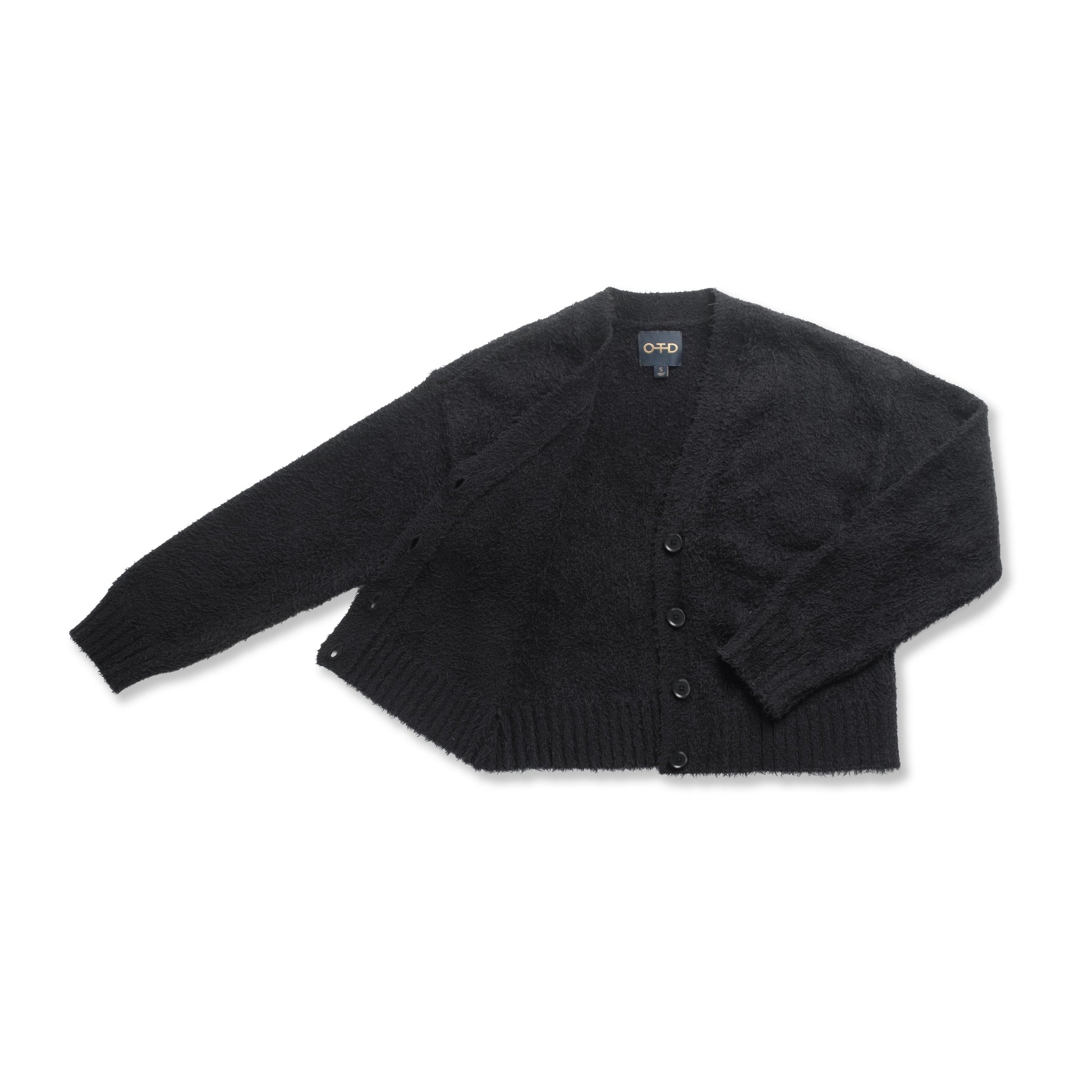 Brushed Teddy Cropped Cardigan Sweater (Black)-1