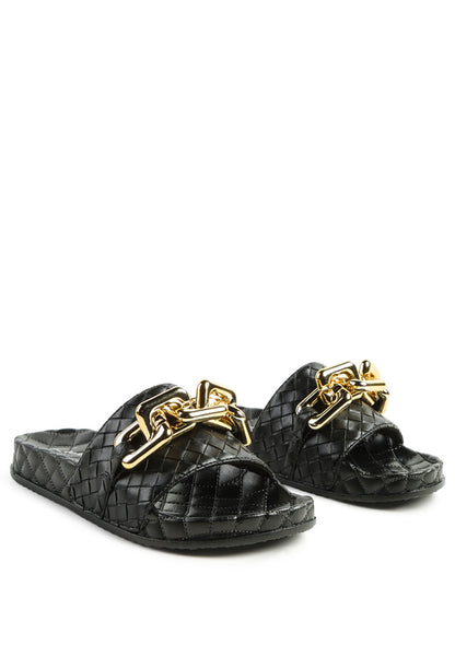 Miami Shot Bling Chain Strap Woven Slip On Flats-1