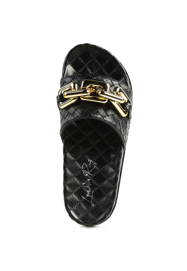 Miami Shot Bling Chain Strap Woven Slip On Flats-4