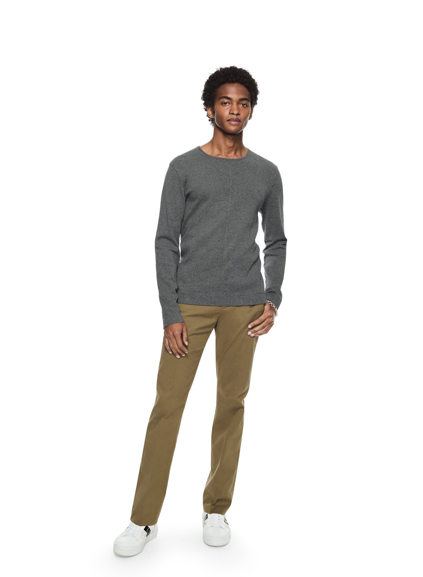 Long Sleeve Ribbed Cotton Crewneck (Dark Grey Heather)-2