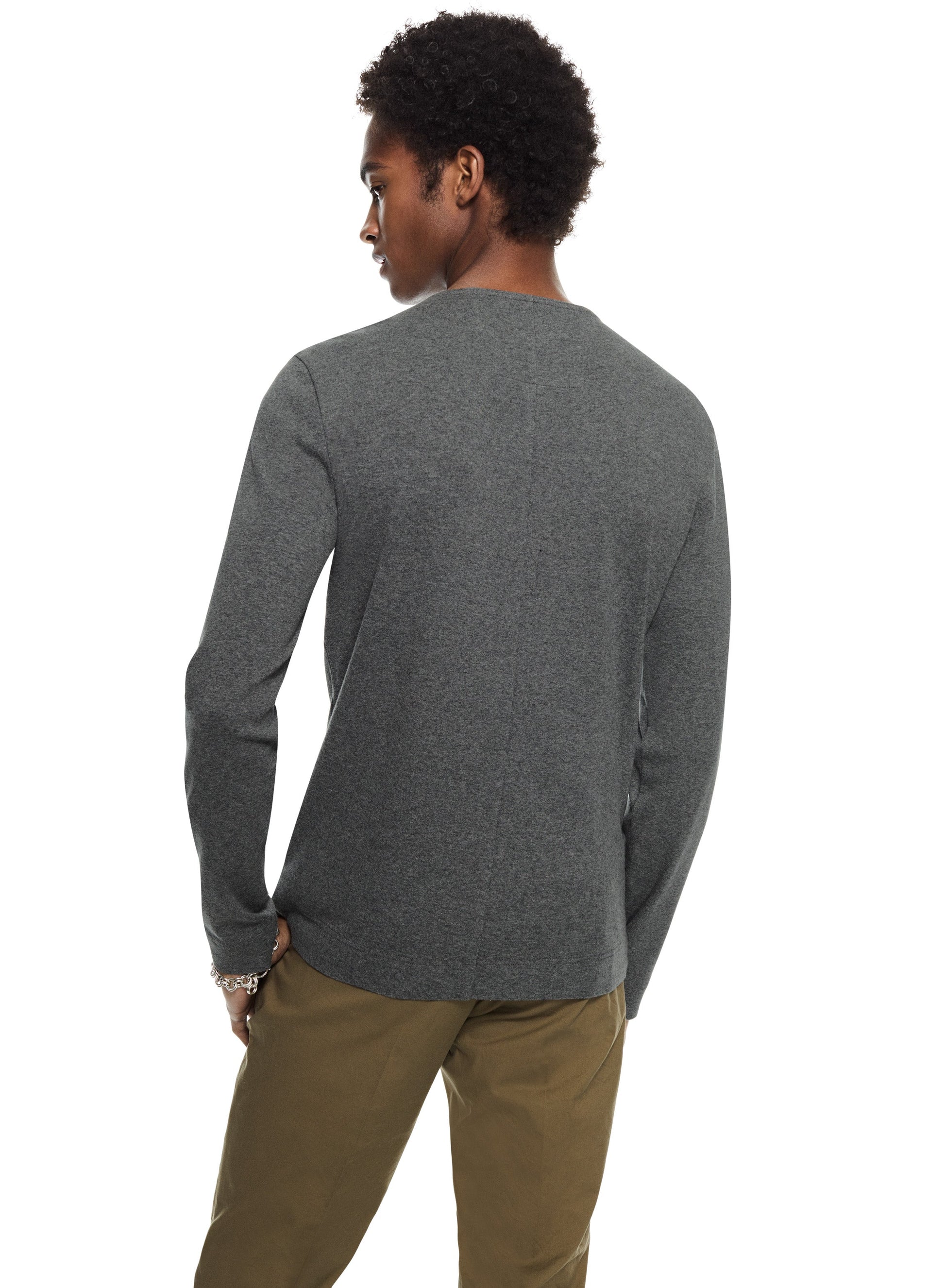 Long Sleeve Ribbed Cotton Crewneck (Dark Grey Heather)-3