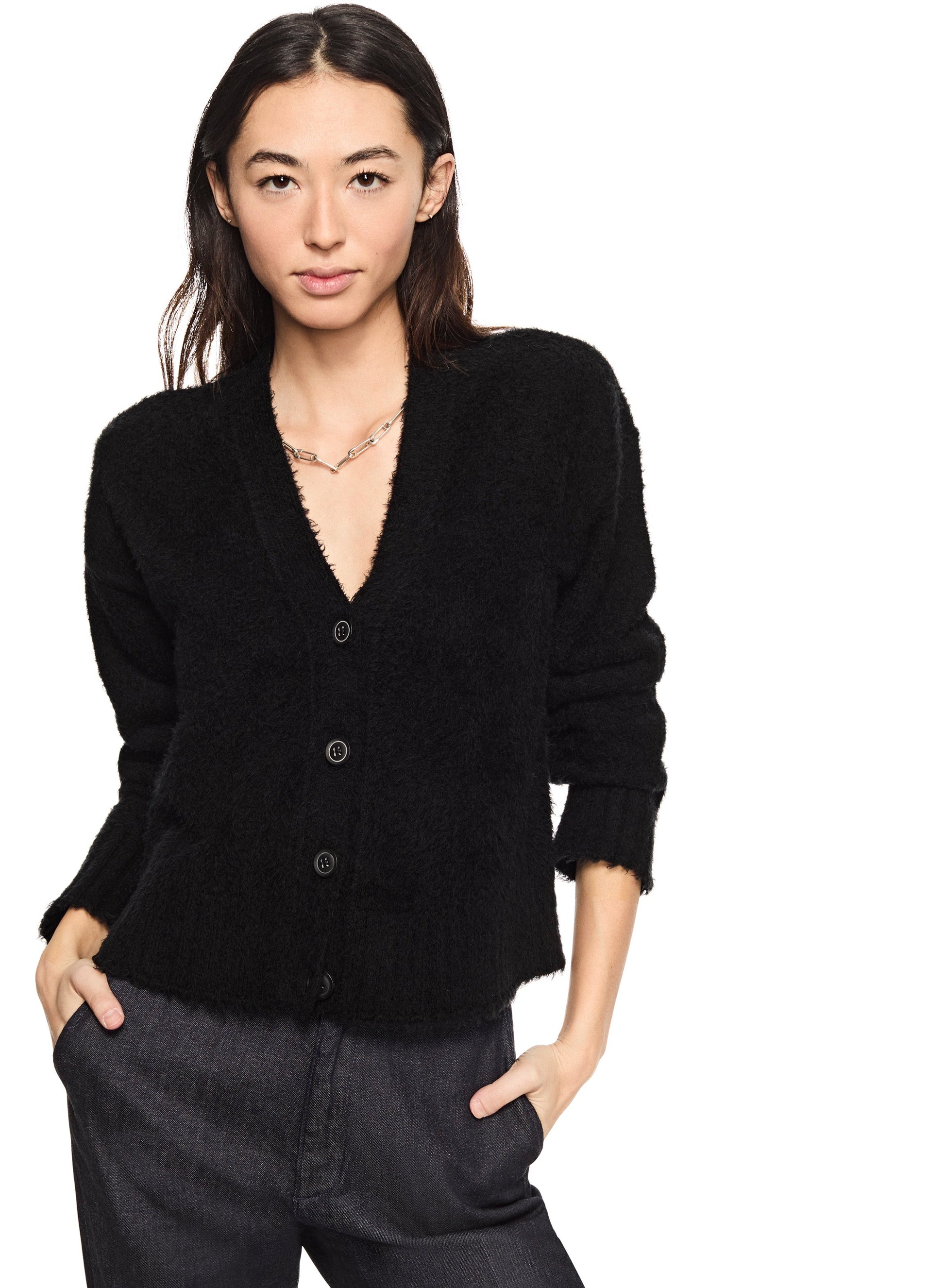 Brushed Teddy Cropped Cardigan Sweater (Black)-2