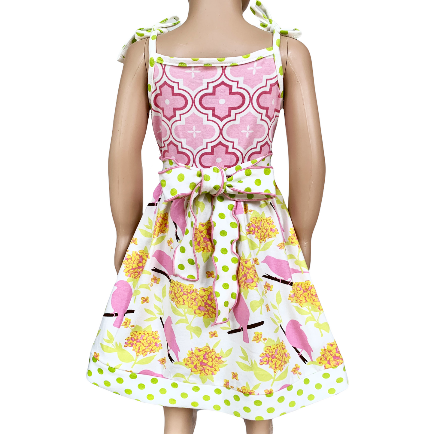 Girls Easter Dress Spring Birds and Pink Arabesque Cotton Knit Spaghetti Straps-1