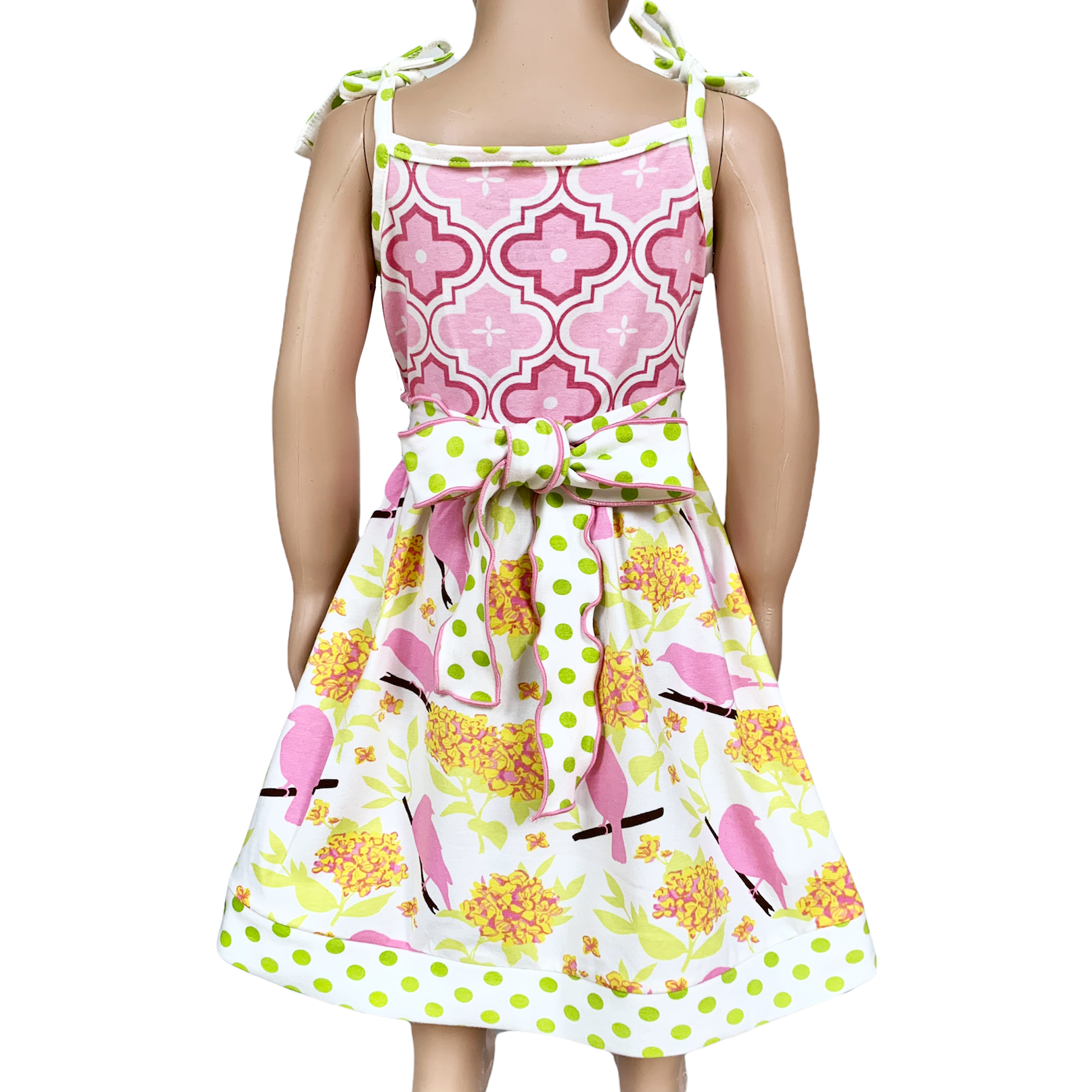 Girls Easter Dress Spring Birds and Pink Arabesque Cotton Knit Spaghetti Straps-1