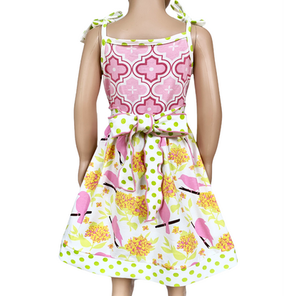 Girls Easter Dress Spring Birds and Pink Arabesque Cotton Knit Spaghetti Straps-1