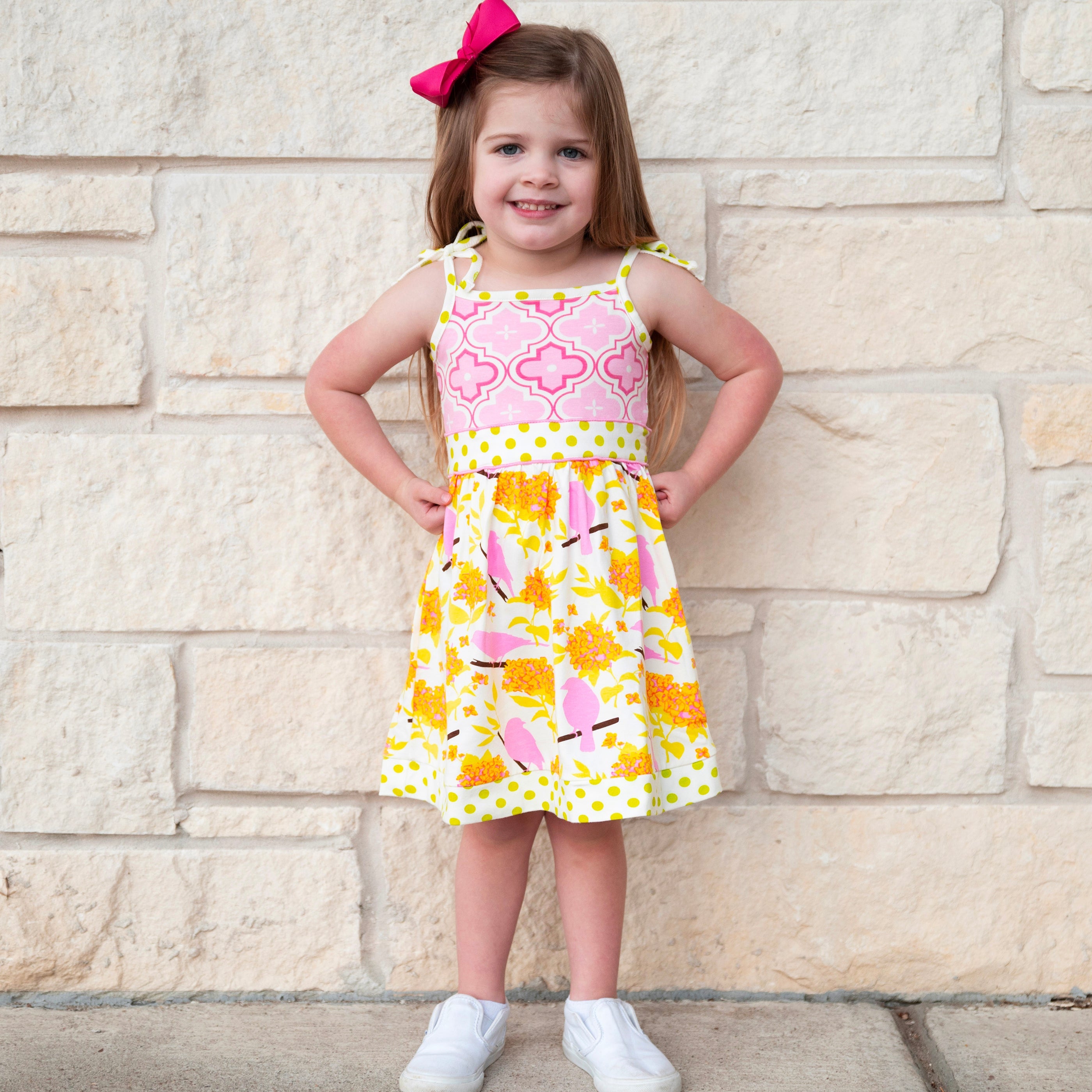 Girls Easter Dress Spring Birds and Pink Arabesque Cotton Knit Spaghetti Straps-4