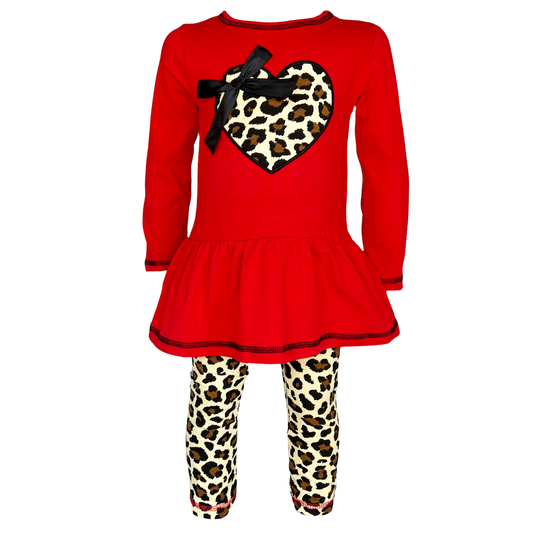 AnnLoren Girls Leopard Heart Holiday Dress Tunic & Leggings Set Outfit-0