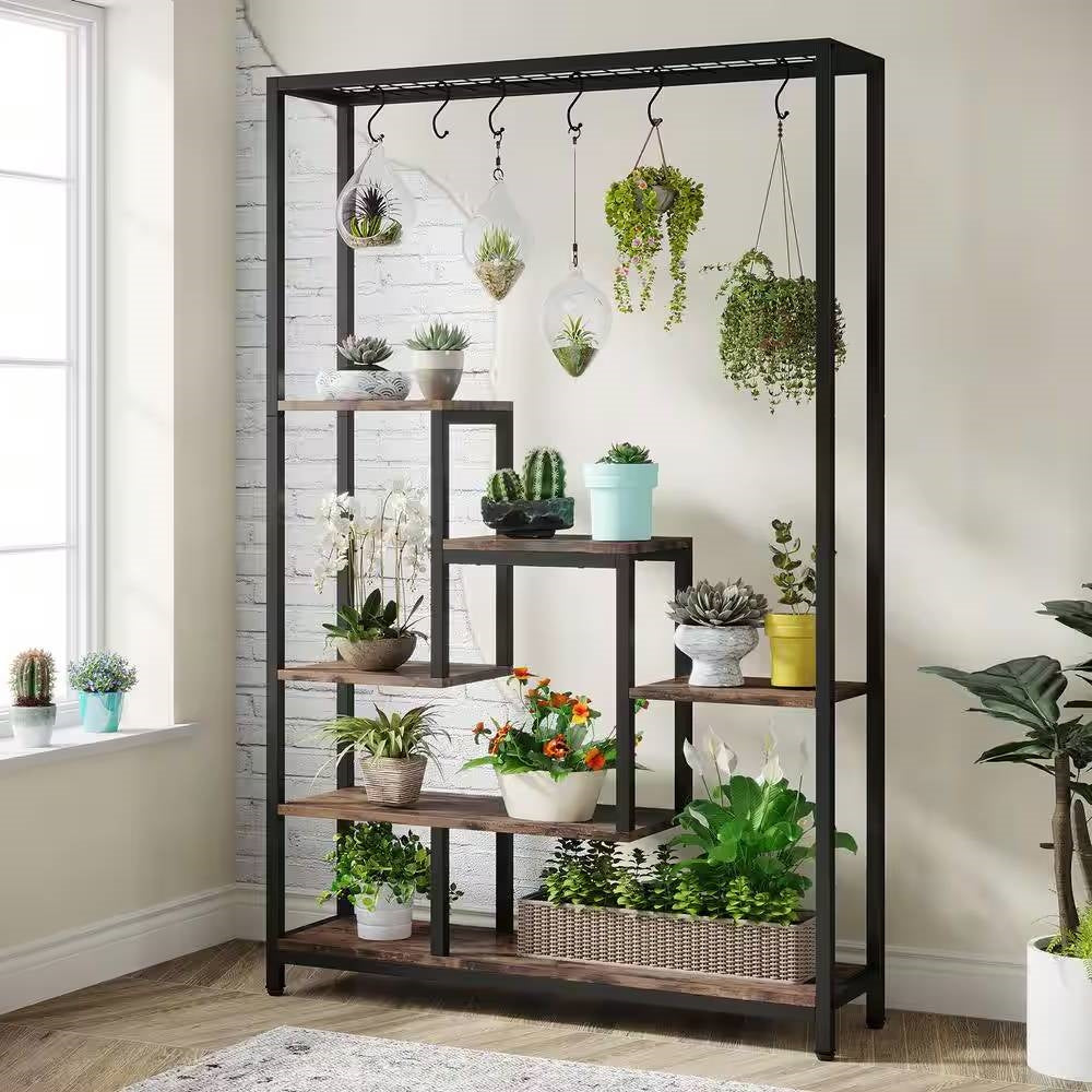 Modern Industrial Heavy Duty Metal Wood Plant Stand with 10 Hanging Hooks-0