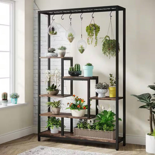 Modern Industrial Heavy Duty Metal Wood Plant Stand with 10 Hanging Hooks-0