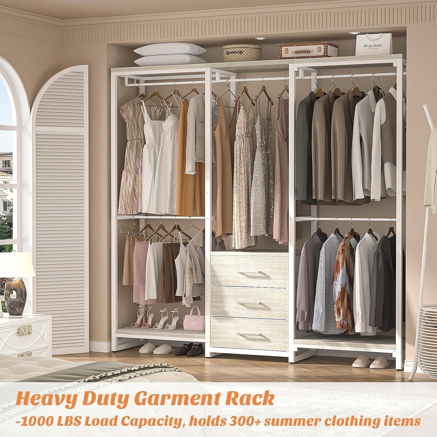 Heavy Duty White Metal Freestanding Garment Rack Closet Wardrobe with 3 Drawers-1