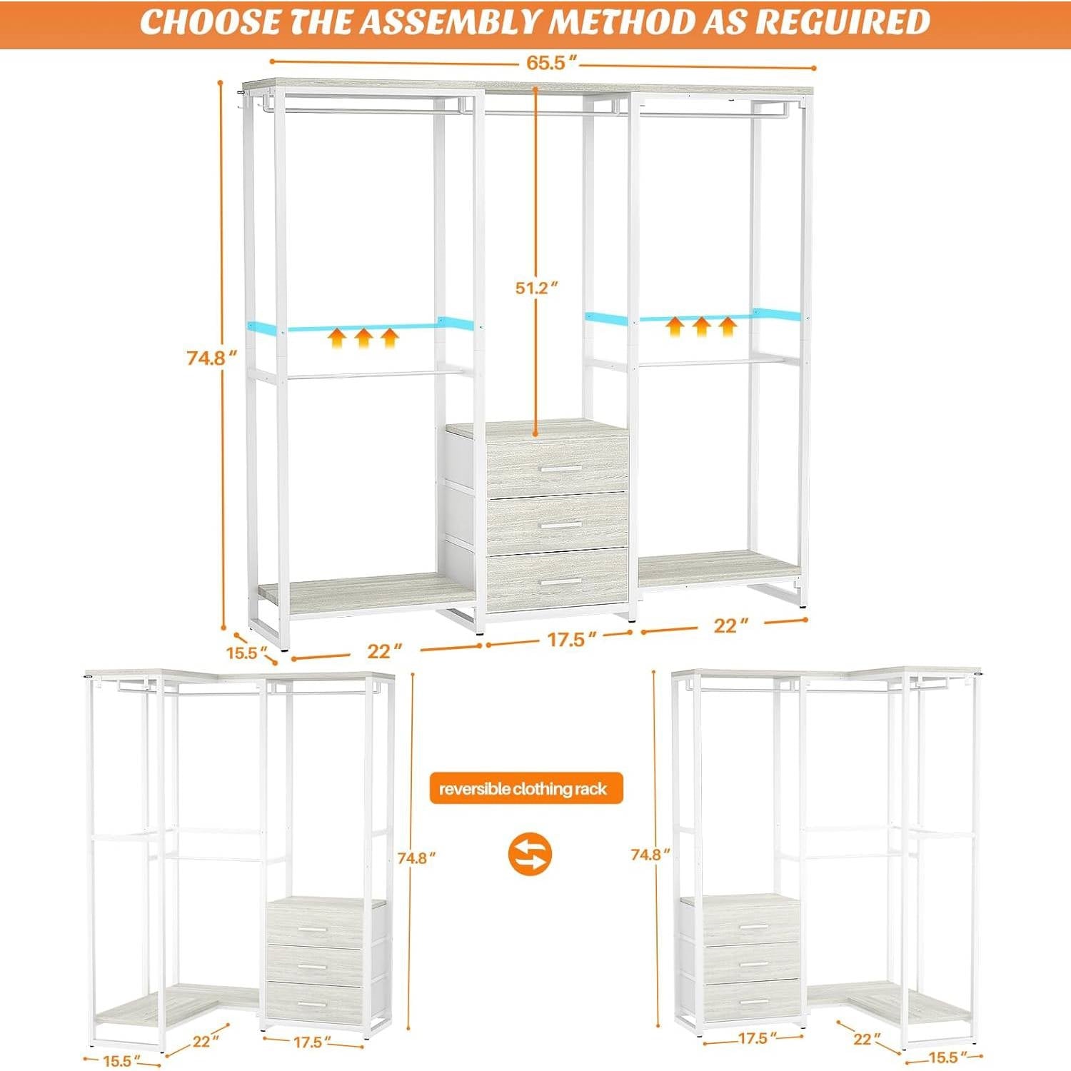 Heavy Duty White Metal Freestanding Garment Rack Closet Wardrobe with 3 Drawers-2