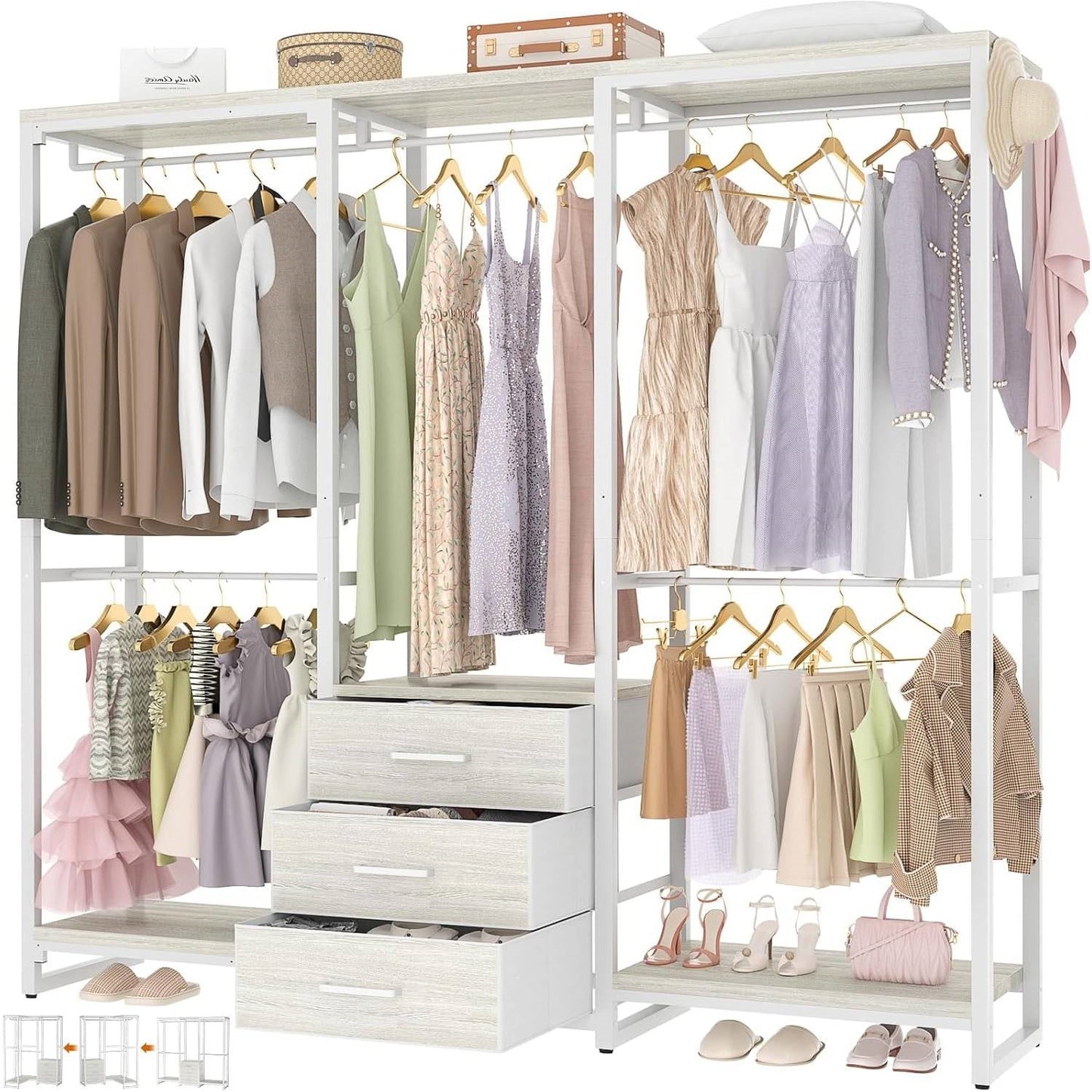 Heavy Duty White Metal Freestanding Garment Rack Closet Wardrobe with 3 Drawers-3