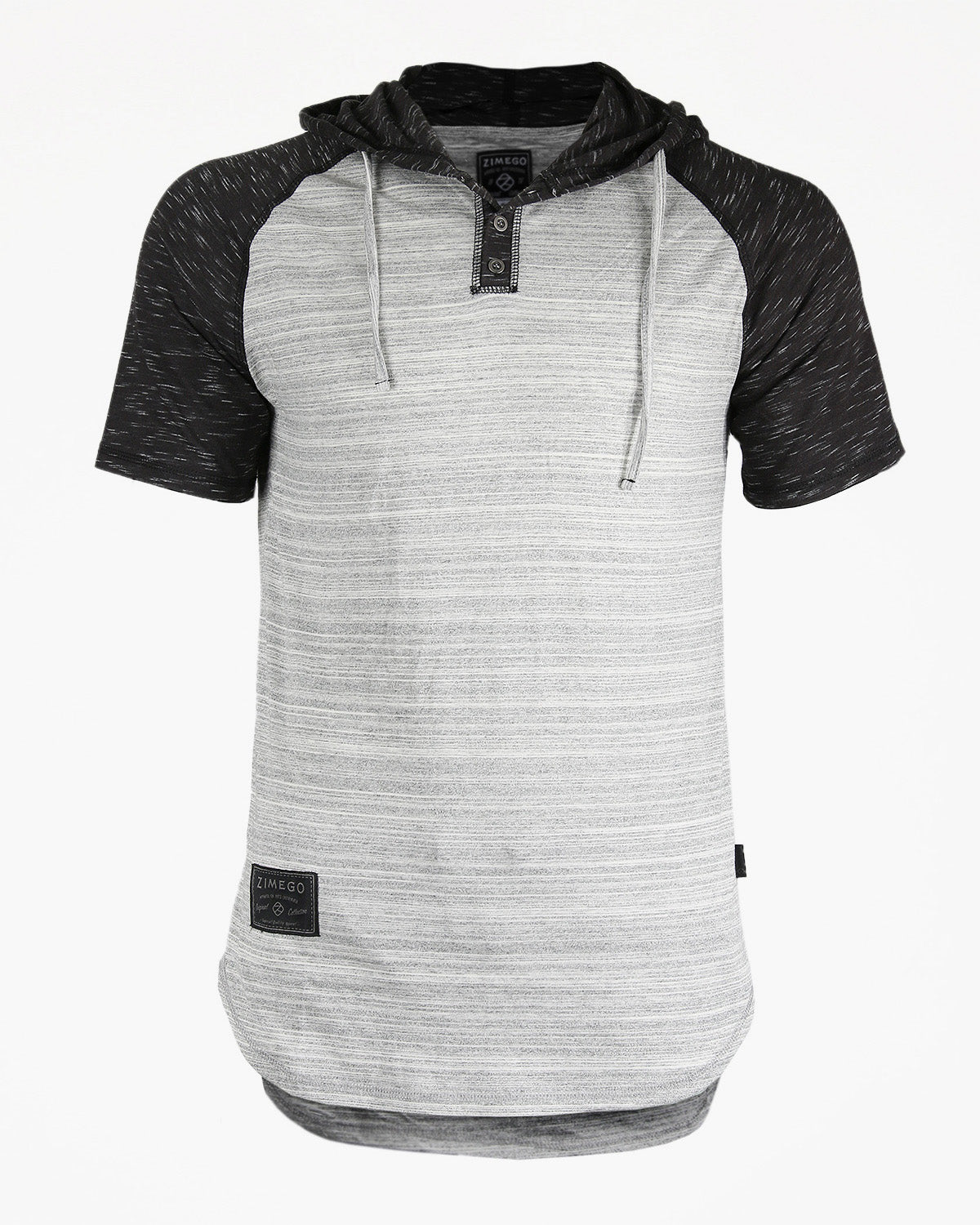 Zimego Short Sleeve Raglan Henley Hoodie Round Bottom Semi Longline T-Shirt-0