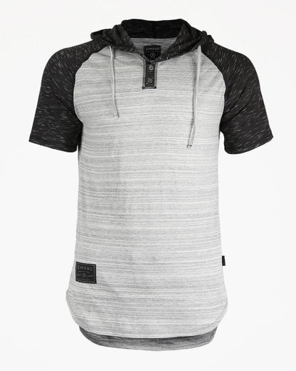 Zimego Short Sleeve Raglan Henley Hoodie Round Bottom Semi Longline T-Shirt-0