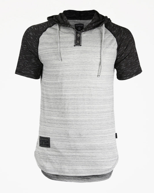 Zimego Short Sleeve Raglan Henley Hoodie Round Bottom Semi Longline T-Shirt-0