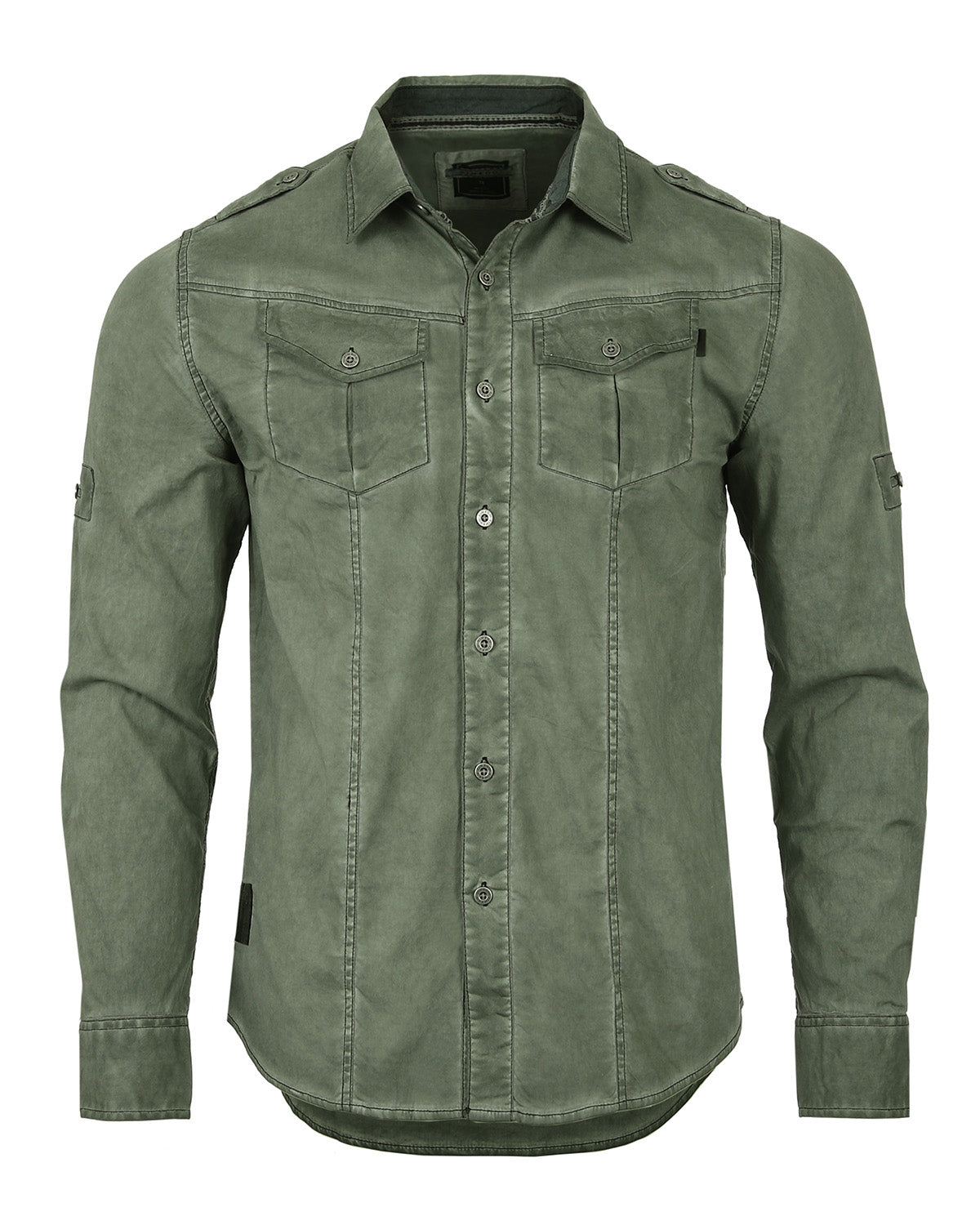 ZIMEGO Men's Stretch Roll-Up Sleeve Color Washed Vintage Rugged Fashion Button Shirts-7