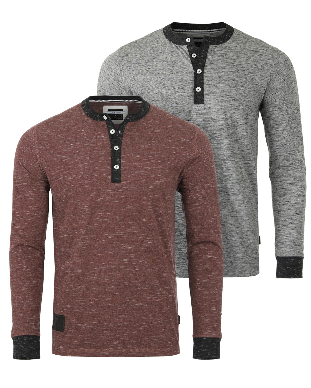 Long Sleeve Casual Henley Shirts With Contrast Neck and Cuffs Set of 2-3