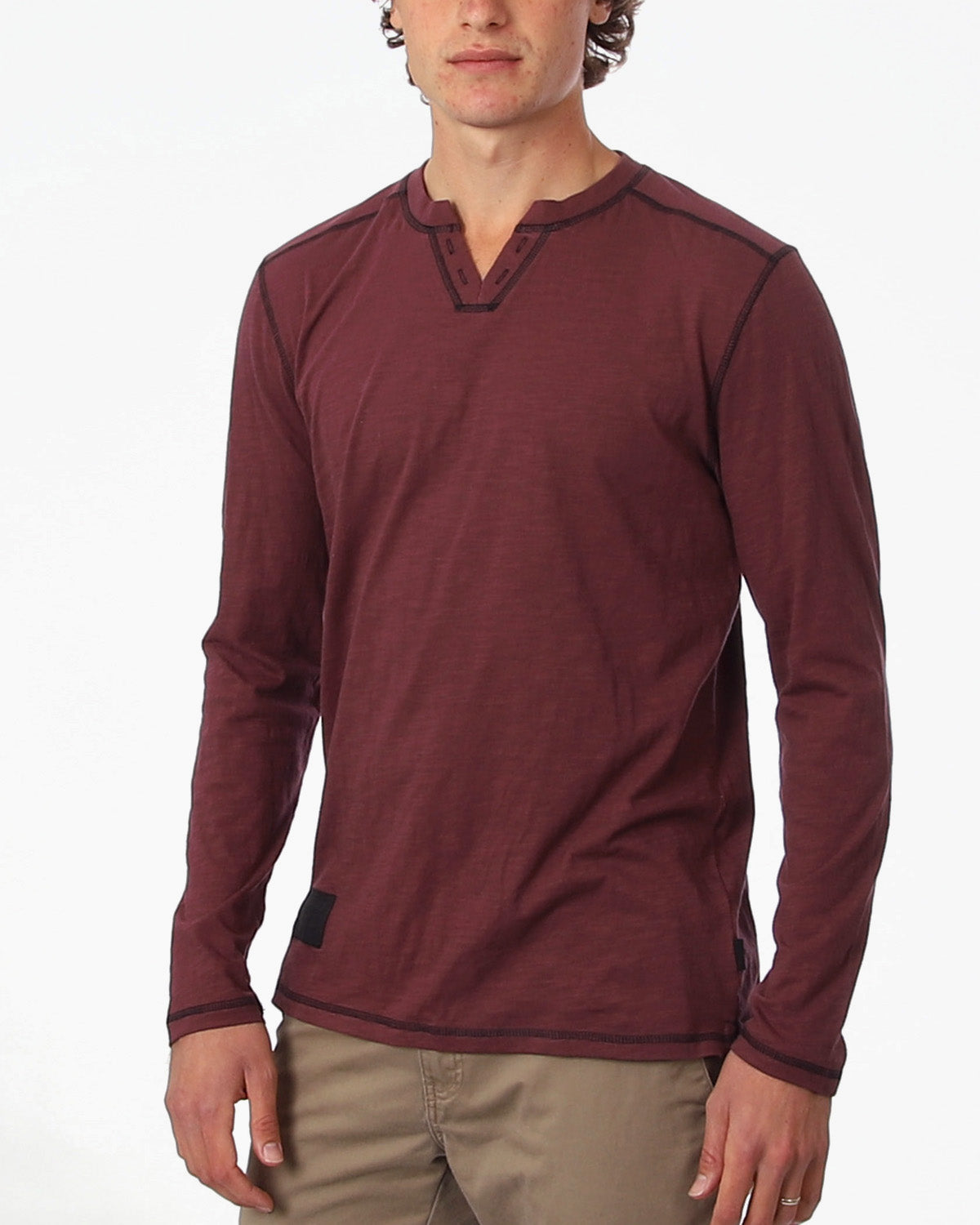 Vintage Long Sleeve Notch V-Neck Henley Casual Shirt-3