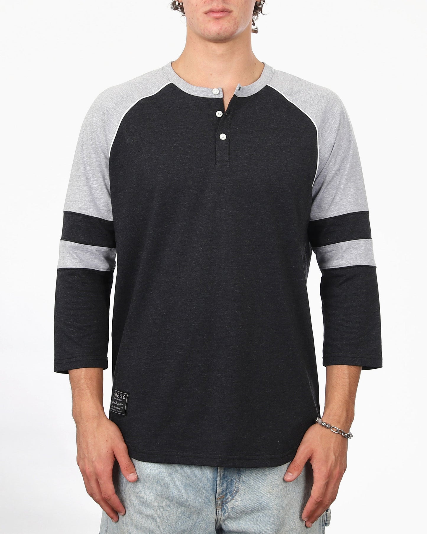 Color Block 3/4 Sleeve Stretch Casual Baseball Button Henley Shirts-2