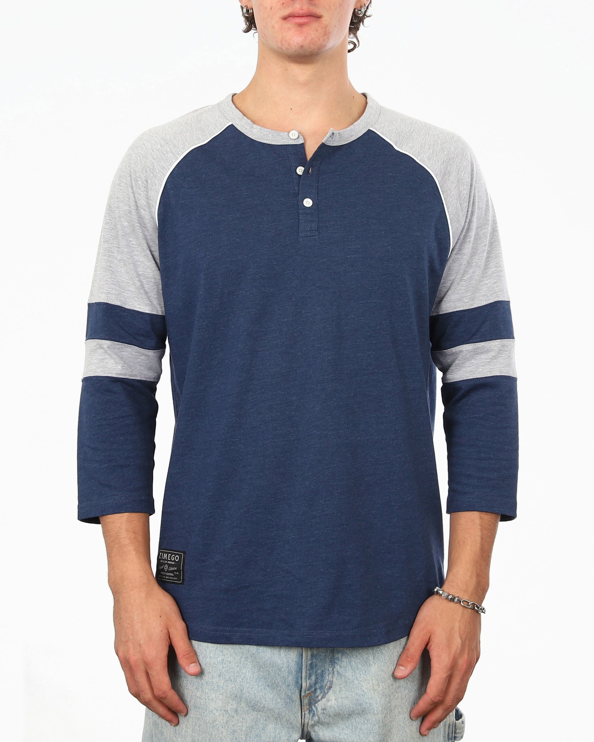 Color Block 3/4 Sleeve Stretch Casual Baseball Button Henley Shirts-0