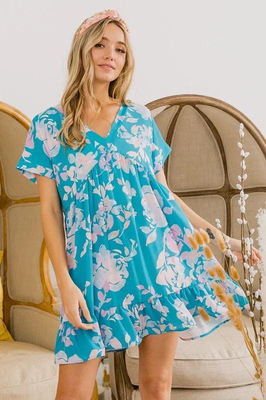 BiBi Floral Crinkle Shirred Ruffle Detail V Neck Dress-4