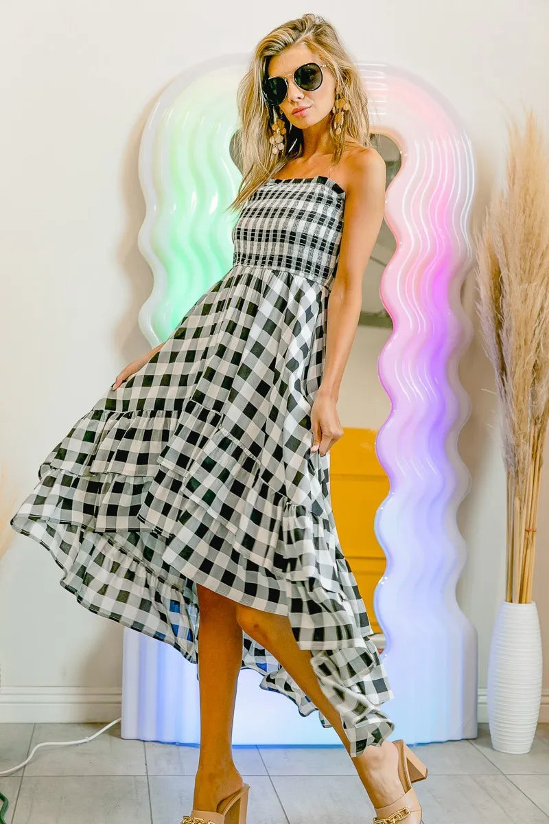 BiBi Smocked Body Off Shoulder Check Dress-0