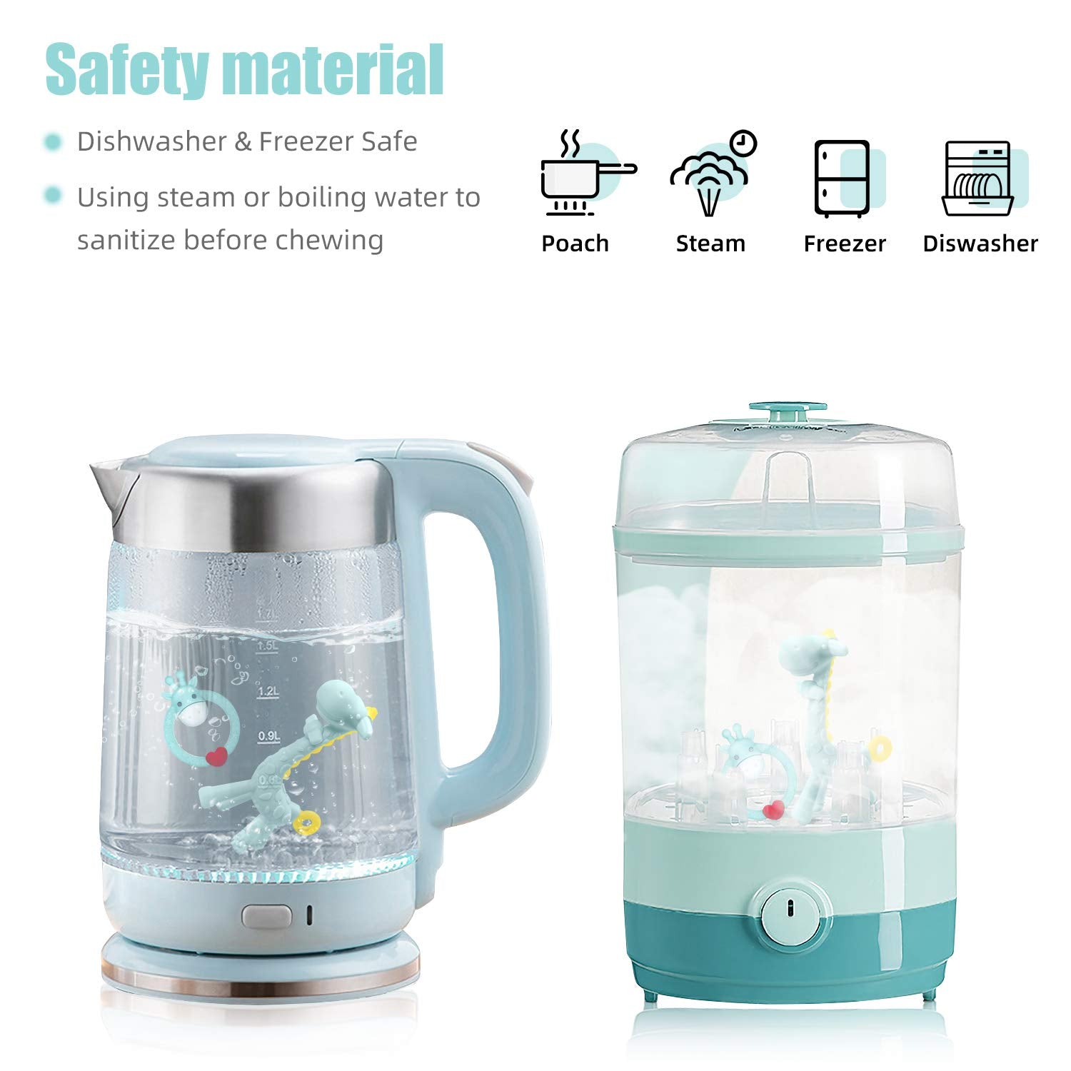 BPA Free Silicone Giraffe Baby Teether Toy with Storage Case, for 3 Months above Infant Sore Gums Pain Relief and Baby Shower, Baby Teething Toys (Blue)