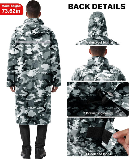 Raincoat Waterproof Long Rain Jacket Lightweight Rainwear Reflective with Packable Hood for Men Women Adults