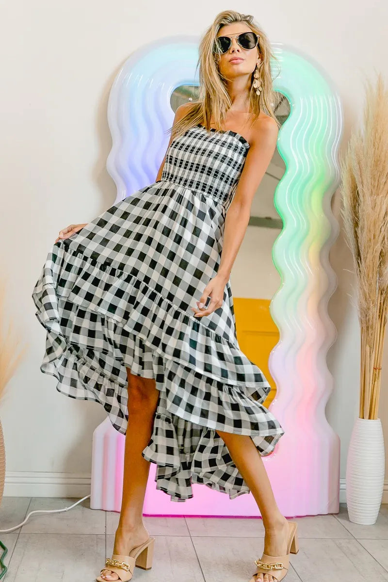 BiBi Smocked Body Off Shoulder Check Dress-1