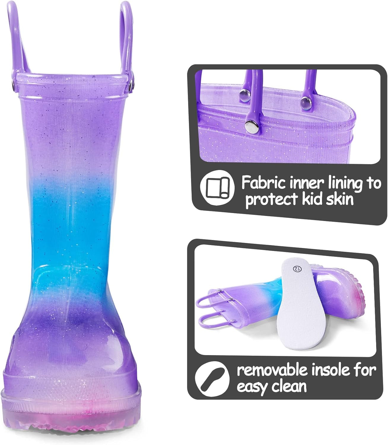 Kids Rain Boots, Waterproof Light up Boots with Easy-On Handles