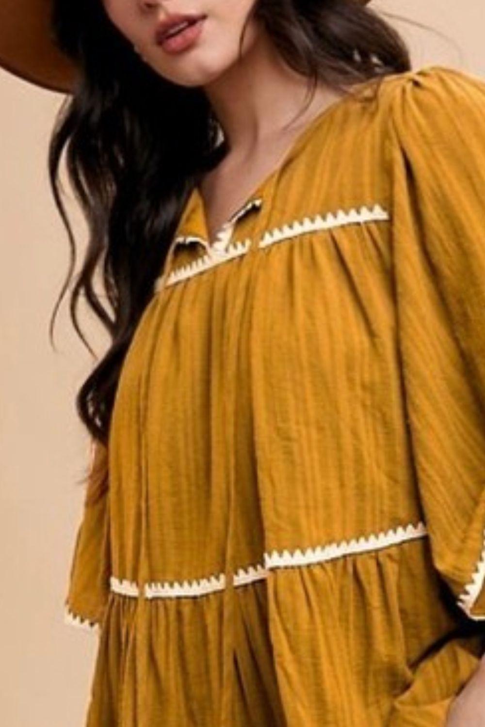 Annie Wear Tassel Contrast Trim Tie Neck Half Sleeve Tiered Dress-1