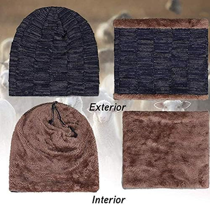 2Pieces Mens Winter Beanie Hat Fleece Lined Scarf Set Knit Warm Thick Skull Cap Neck Warmer for Men & Women