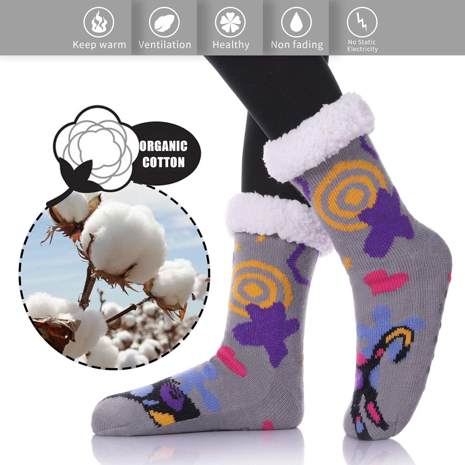 Non Slip Slipper Socks for Womens Fuzzy Soft Cozy Grippers Winter Warm Animal Fleece-Lined Home Socks
