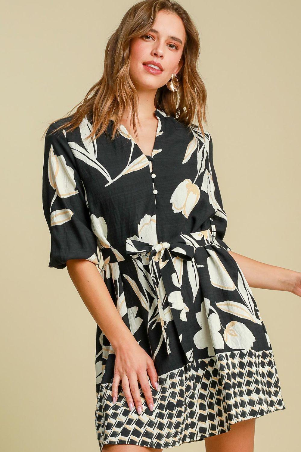 Umgee Full Size Floral Print Notched Tie Waist Mini Dress Plus Size-0