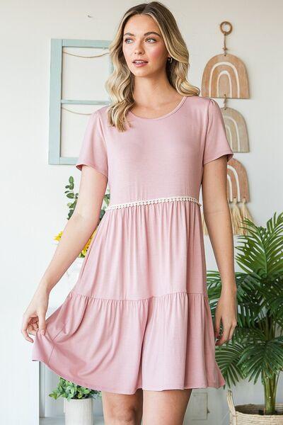 Heimish Full Size Solid Mini Tiered Dress with Pompom Lace Plus Size-2