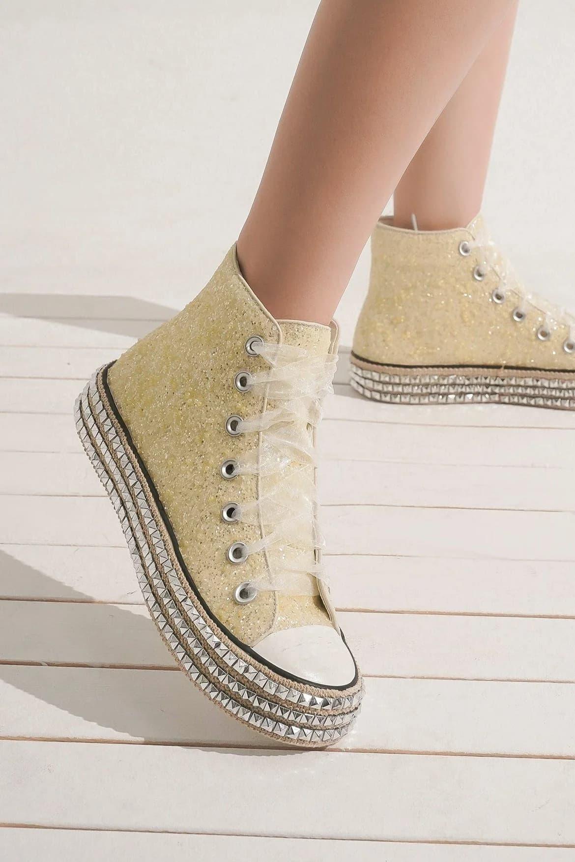 Mayfair Glitter Lace-Up Studded Platform Sneakers-0