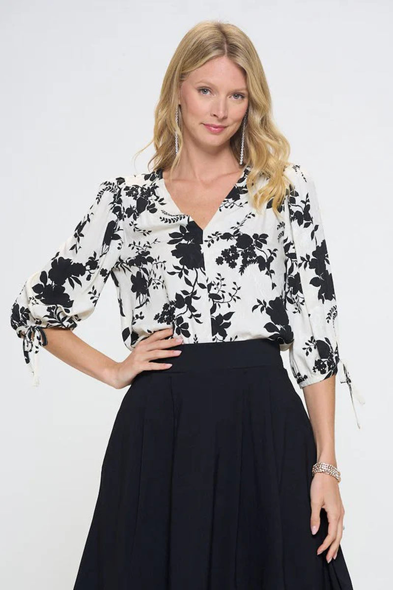 Made in USA Flower Print V Neck Top
