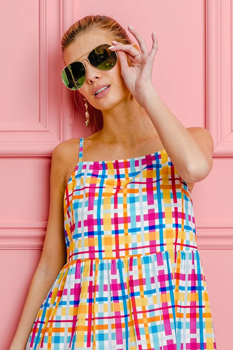 BiBi Multi Colors Plaid Sleeveless Sun Dress-1