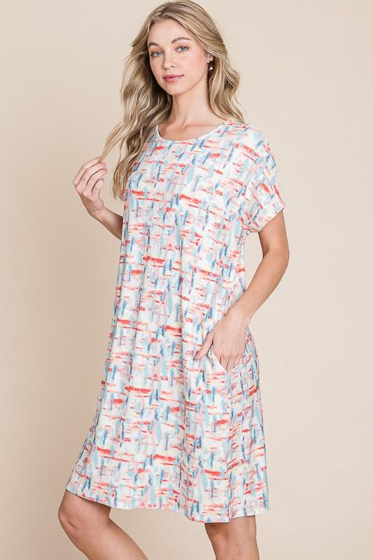 BOMBOM Printed Round Neck Short Sleeve Tee Dress-2
