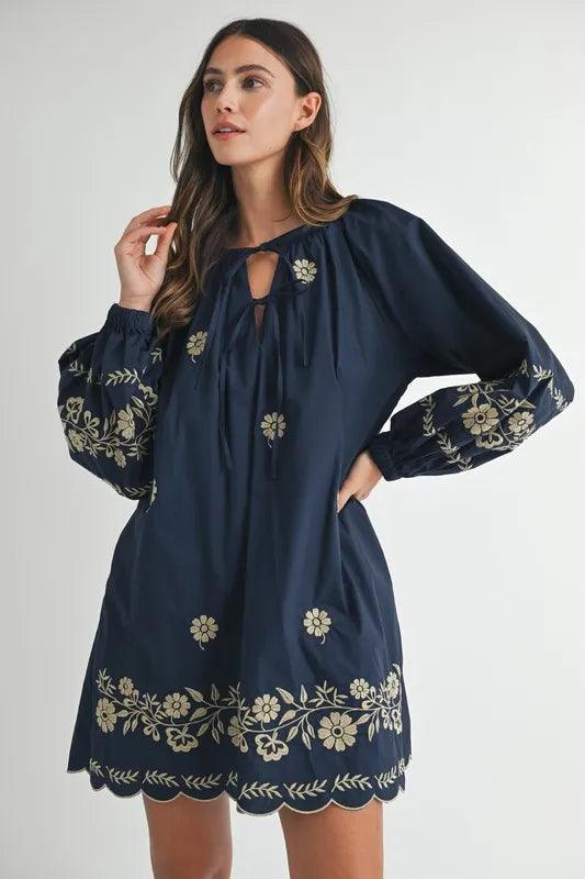 MABLE Embroidered Long Sleeve Peasant Mini Dress-2