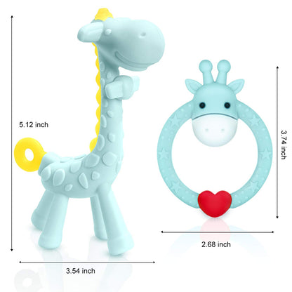 BPA Free Silicone Giraffe Baby Teether Toy with Storage Case, for 3 Months above Infant Sore Gums Pain Relief and Baby Shower, Baby Teething Toys (Blue)